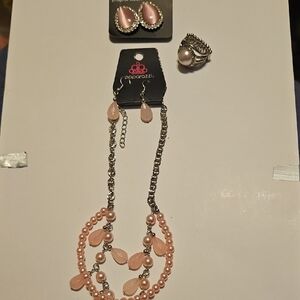 Paparazzi Pink and Silver Necklace Set/ Ring has stretch band/ Clip on earrings